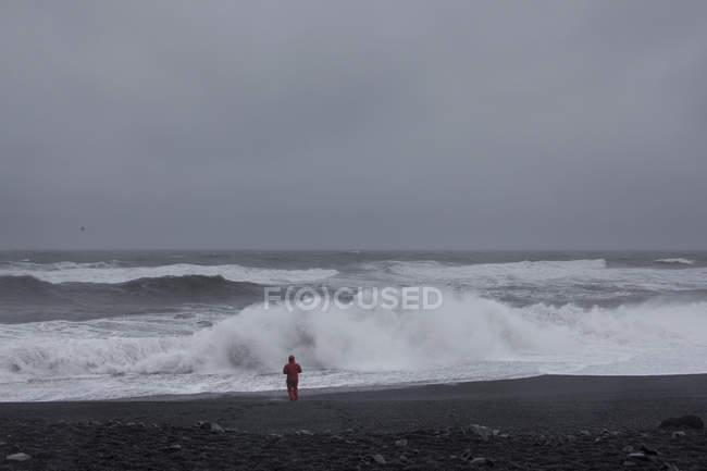 Homem na praia assistindo ondas do mar, Vik, Islândia — Fotografia de Stock