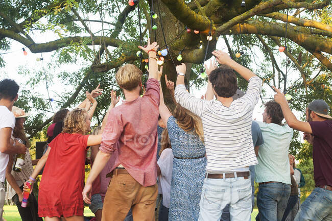 Rear view of adult friends cheering and dancing at park party — Stock Photo