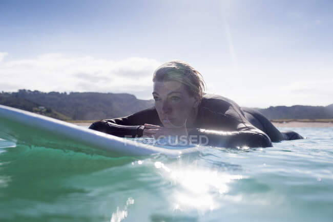 Surfista en el agua, Bahía de las Islas, Nueva Zelanda - foto de stock