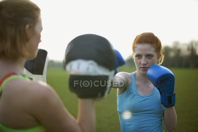 Duas mulheres se exercitando com luvas de boxe no parque — Fotografia de Stock