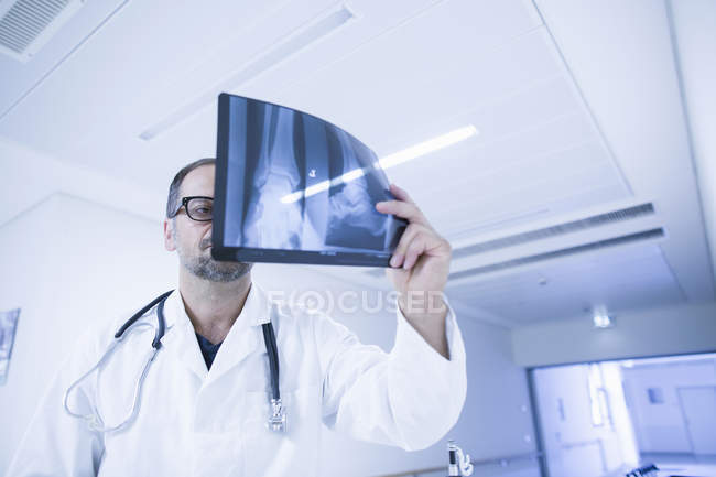 Radiologist looking at x-ray result in hospital — Stock Photo