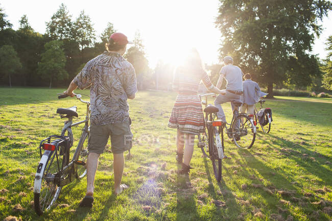 Vue arrière des fêtards adultes arrivant à vélo à la fête du parc au coucher du soleil — Photo de stock