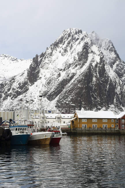 View of harbour buildings and snowcapped mountain — Stock Photo