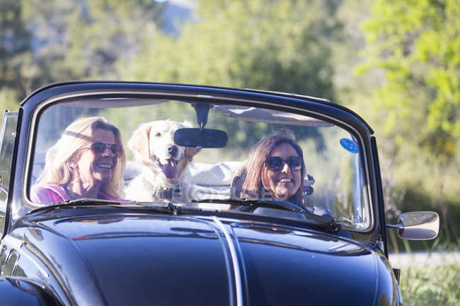Two mature women, in convertible car, with dog, smiling — Stock Photo