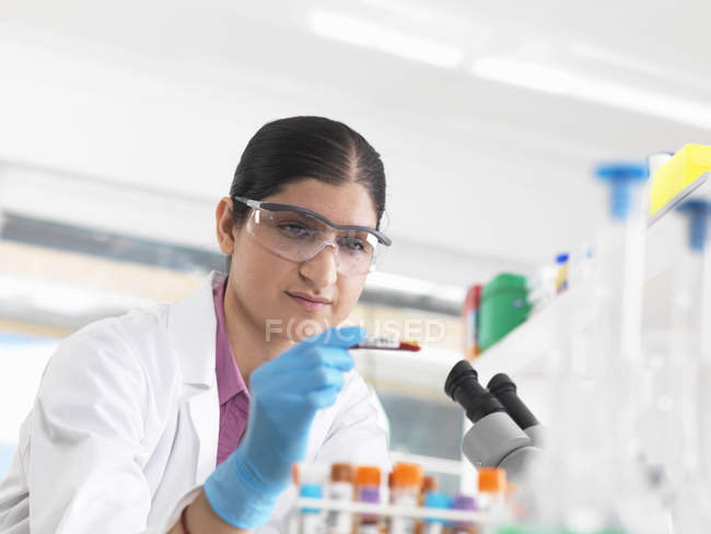 Mujer joven científica que observa el tubo sanguíneo durante las pruebas clínicas de muestras médicas en un laboratorio - foto de stock