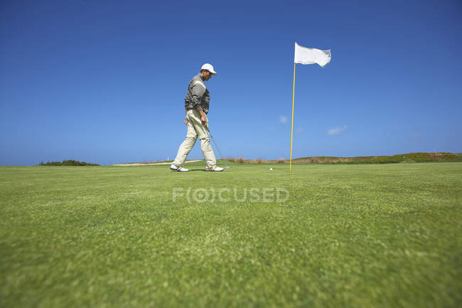 Vista laterale a tutta lunghezza a basso angolo del golfista che cammina verso la bandiera del golf, guardando in basso — Foto stock