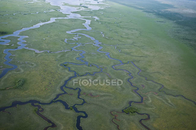 Vista aérea das vias navegáveis de zonas húmidas verdes — Fotografia de Stock