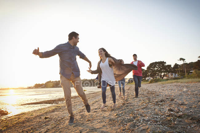 Grupo de amigos se divertindo na praia ensolarada — Fotografia de Stock