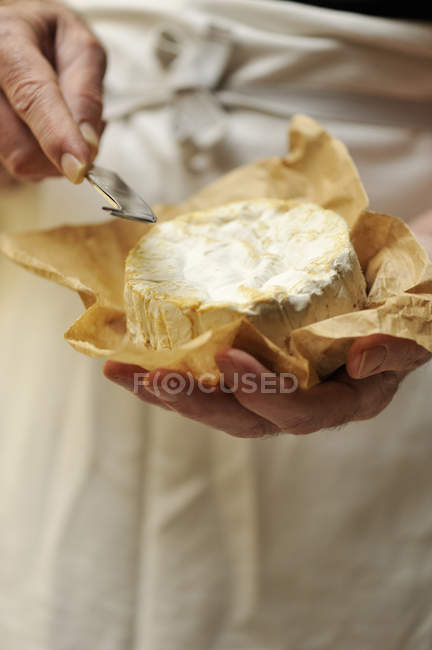 Cropped image of man holding goats cheese and cheese knife — Stock Photo