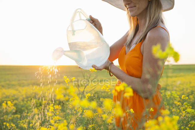 Vista ritagliata della donna adulta media irrigazione colza con annaffiatoio trasparente — Foto stock