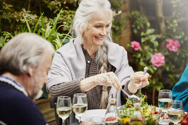 Amigos seniores comendo refeição no jardim — Fotografia de Stock