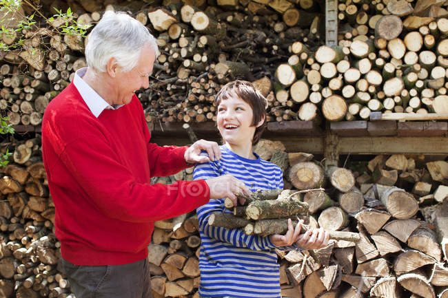 Grand-père et petit-fils avec des bûches — Photo de stock