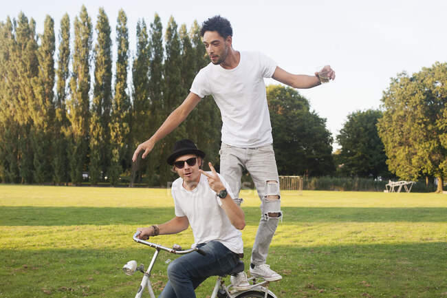 Двоє друзів-чоловіків, які обманюють на велосипеді в парку — стокове фото