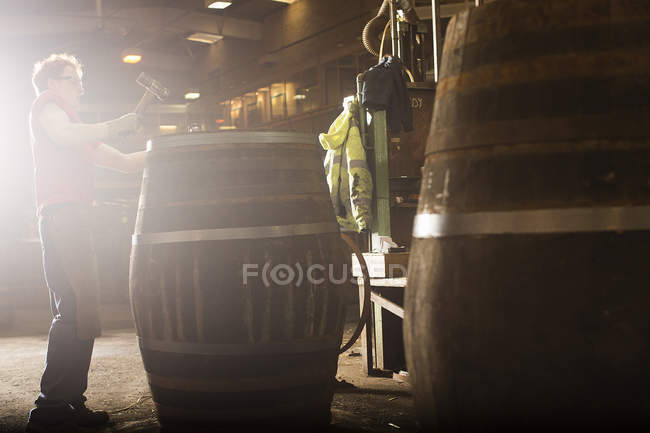 Hombre joven haciendo barril de whisky en el tonelaje - foto de stock