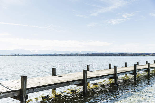 Embarcadero de madera en el lago Starnberg en la luz del sol brillante - foto de stock