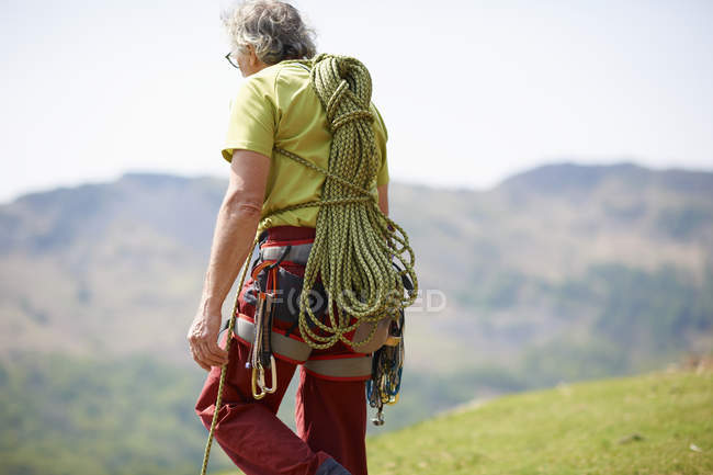 Vista trasera del escalador que lleva la cuerda de escalada en la espalda - foto de stock