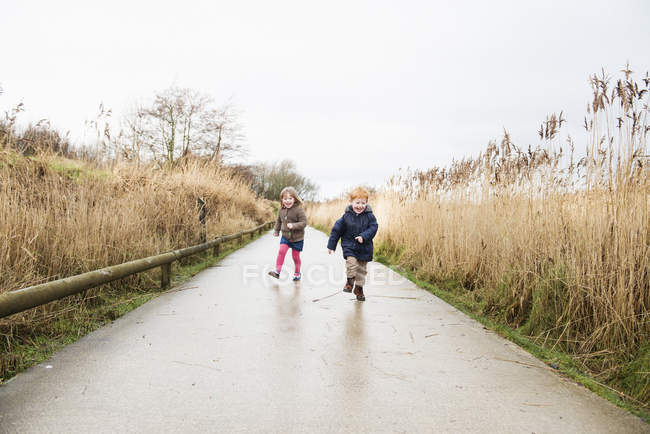 Irmãzinha e irmão correndo ao longo da estrada rural — Fotografia de Stock