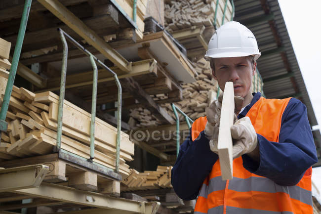 Jovem trabalhador masculino examinando prancha de madeira em quintal de madeira — Fotografia de Stock