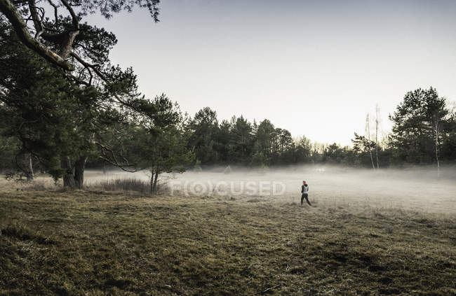 Person on misty open field, Augsburg, Bavaria, Germany — Stock Photo