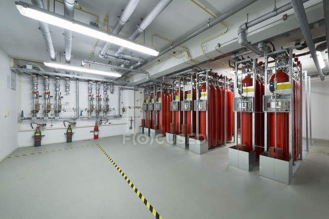 Fire extinguisher system, data storage in data warehouse — Stock Photo