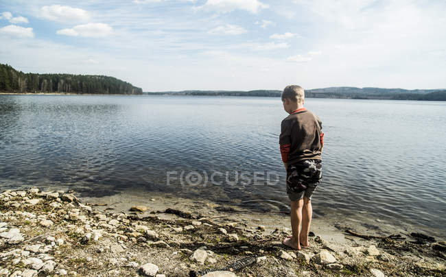 Visão traseira do menino em pé à beira do lago — Fotografia de Stock