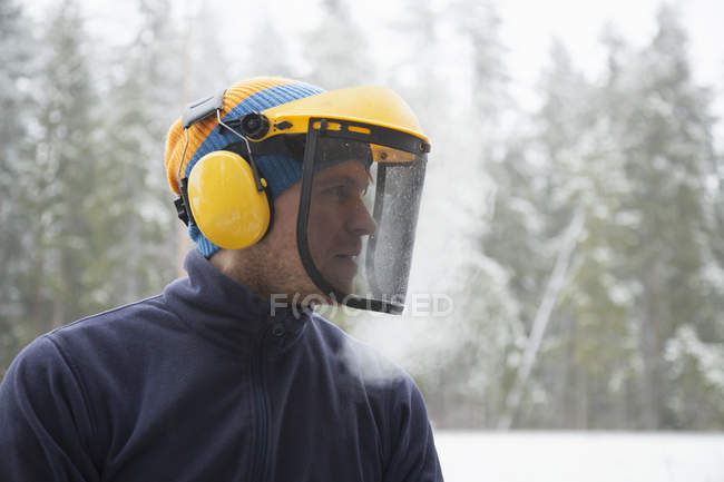 Logger wearing safety visor in forest, Tammela, Forssa, Finlândia — Fotografia de Stock