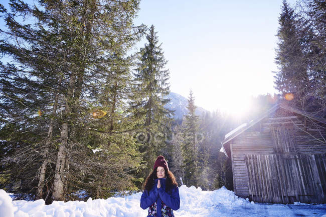 Mujer practicando yoga, meditando en un bosque nevado y soleado, Austria - foto de stock