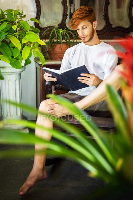 Jeune homme aux cheveux roux, assis sur une chaise, lisant un livre — Photo de stock