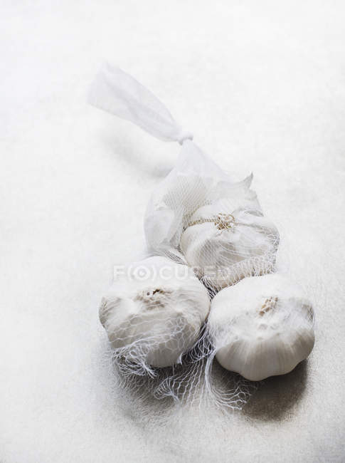 Bolbos de alho na rede no fundo branco — Fotografia de Stock