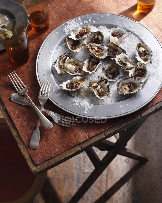 Serving tray with oysters on crushed ice — Stock Photo