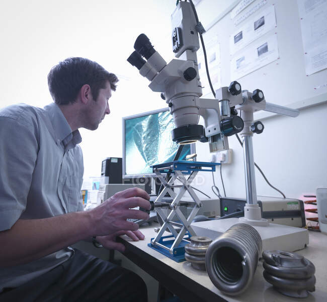 Науковець за допомогою мікроскопа перевіряє пошкодження весни. — стокове фото