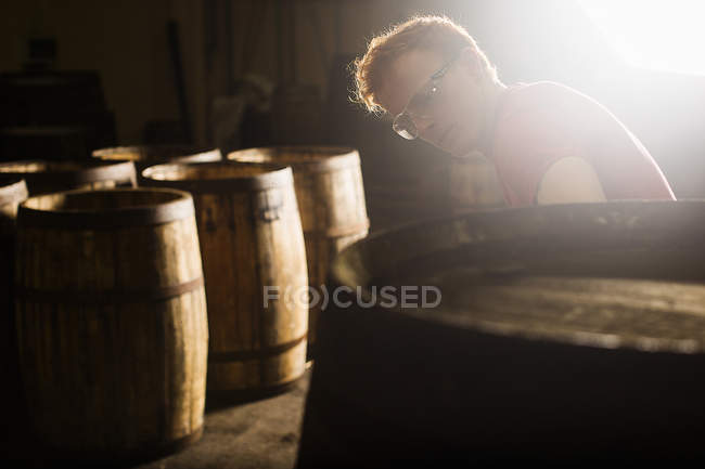 Young man working in cooperage with whisky casks — Stock Photo