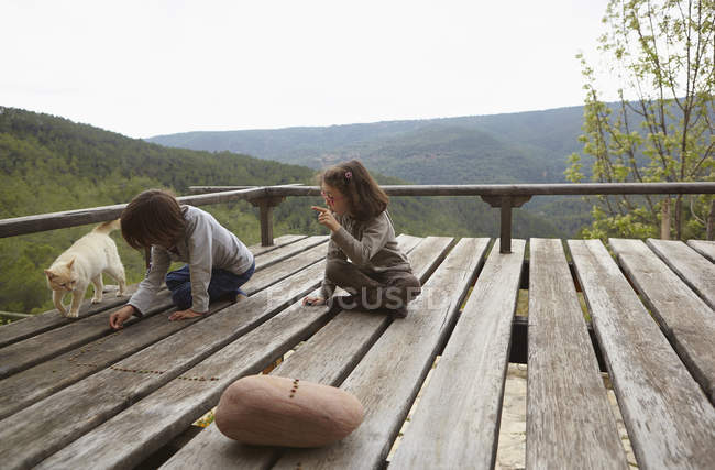 Little brother and sister playing with cat on rural balcony — Stock Photo