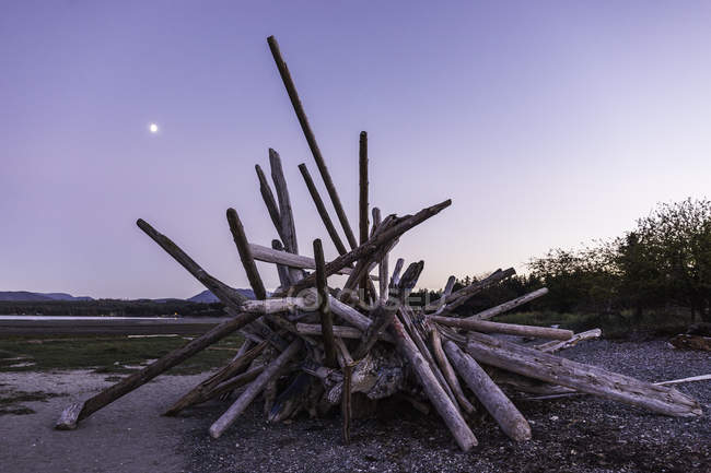 Gestapelte Treibholzstämme am Strand in der Abenddämmerung, rathrevor beach provincial park, vancouver island, britisch columbia, canada — Stockfoto