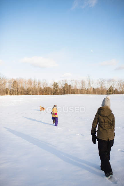 Crianças e cães brincando em campo coberto de neve, Lakefield, Ontário, Canadá — Fotografia de Stock