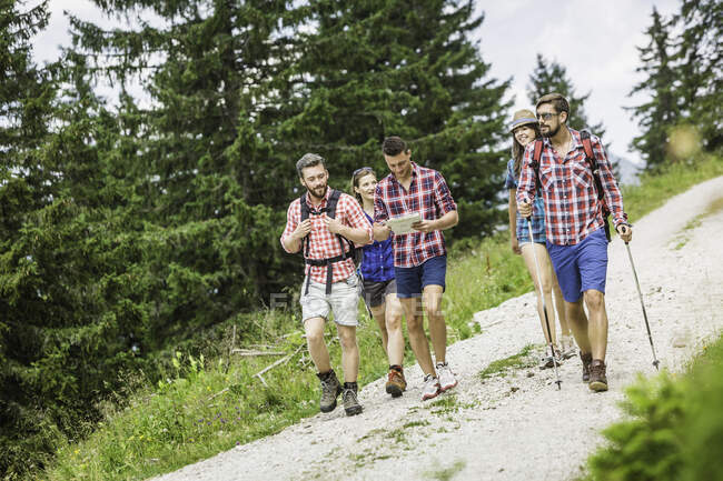 Grupo de amigos senderismo, Tirol, Austria - foto de stock