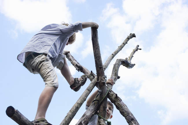 Visão de baixo ângulo de meninos escalando estrutura do ramo — Fotografia de Stock