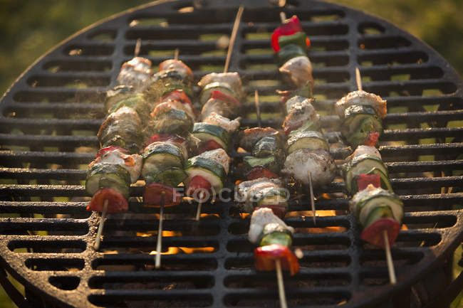 Meat and vegetable kebabs on barbecue outdoors — Stock Photo