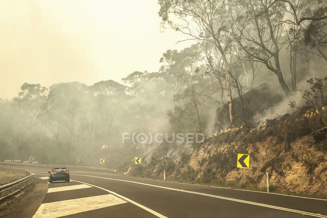 Incendio de Bush y coche en carretera, Nueva Gales del Sur, Australia - foto de stock