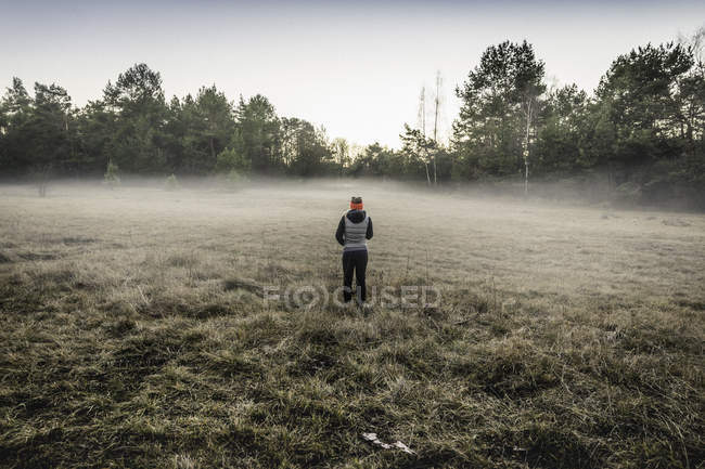 Человек на туманном открытом поле, Аугсбург, Бавария, Германия — стоковое фото
