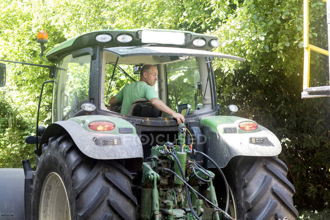 Чоловік фермер озирається назад на зворотній трактор — стокове фото