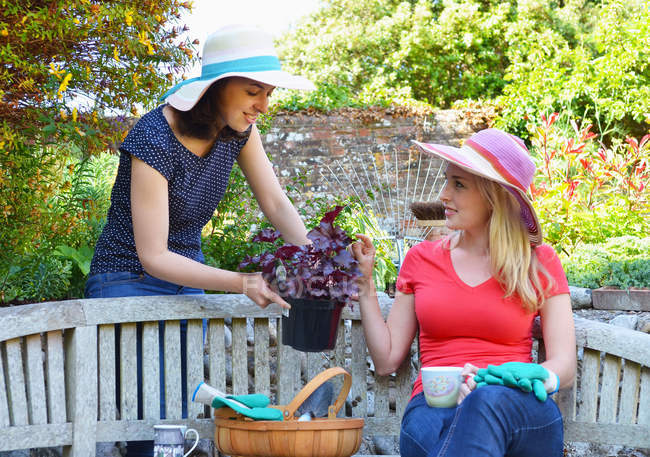 Young woman sitting on bench, friend showing plants — Stock Photo