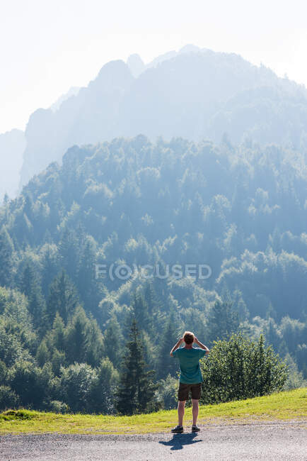 Rear view of man looking at view of tree covered mountains, Passo Maniva, Italy — Stock Photo