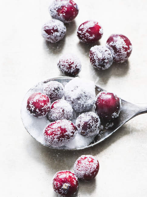 Mirtilli rossi congelati su cucchiaio d'argento e superficie bianca — Foto stock