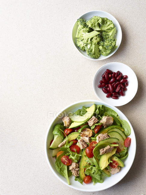 Still life of tuna salad with broccoli and kidney beans — Stock Photo