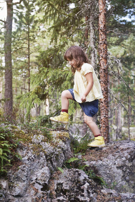 Mädchen klettert im Wald über Felsen — Stockfoto