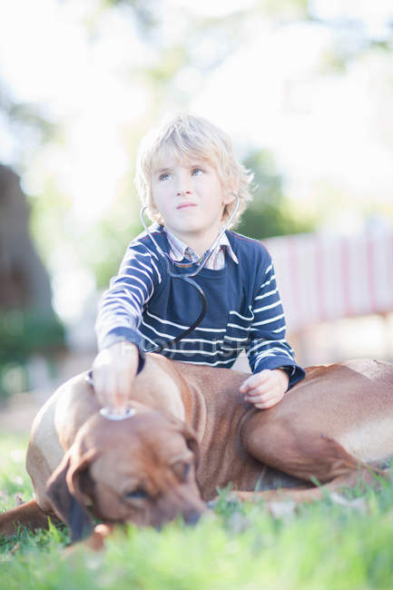 Хлопчик використовує стетоскоп на собаці — стокове фото