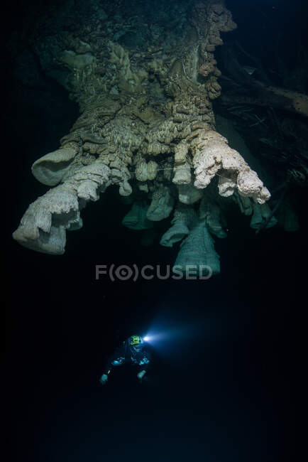 Plongeur explorant des formations naturelles uniques connues sous le nom de 