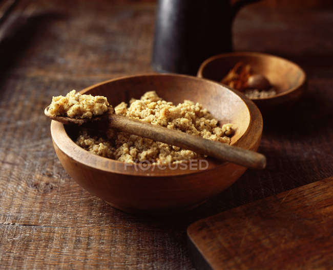 Close up of Savoury stuffing in wooden bowl — Stock Photo