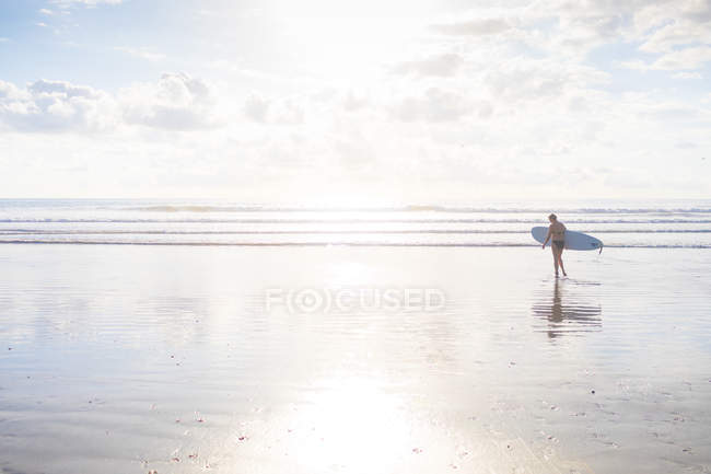 Vista lejana de la mujer que lleva tabla de surf en la playa, Nosara, provincia de Guanacaste, Costa Rica - foto de stock